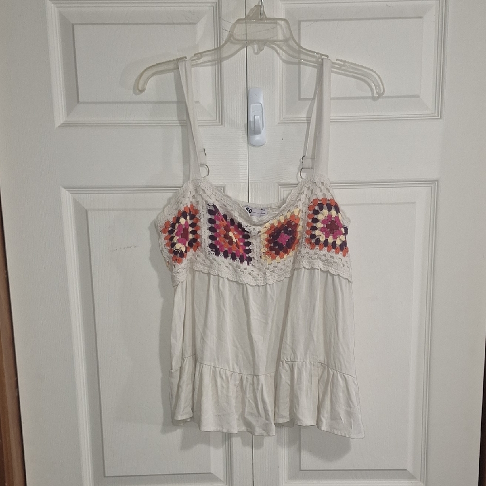 SO Cream Camisole with Multicolor Boho Crochet Bodice - XL